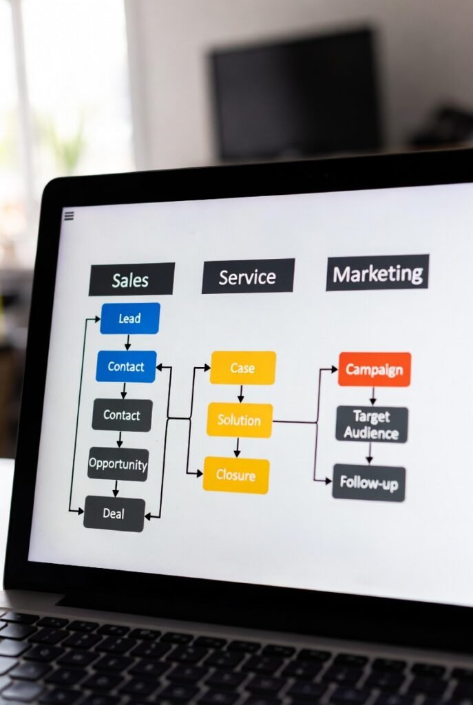 CRM workflow examples for small businesses showing sales, service, and marketing use cases