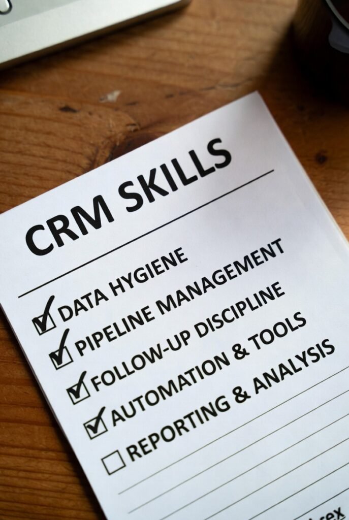 CRM skills checklist showing data hygiene, pipeline management, follow-up discipline, automation, and reporting