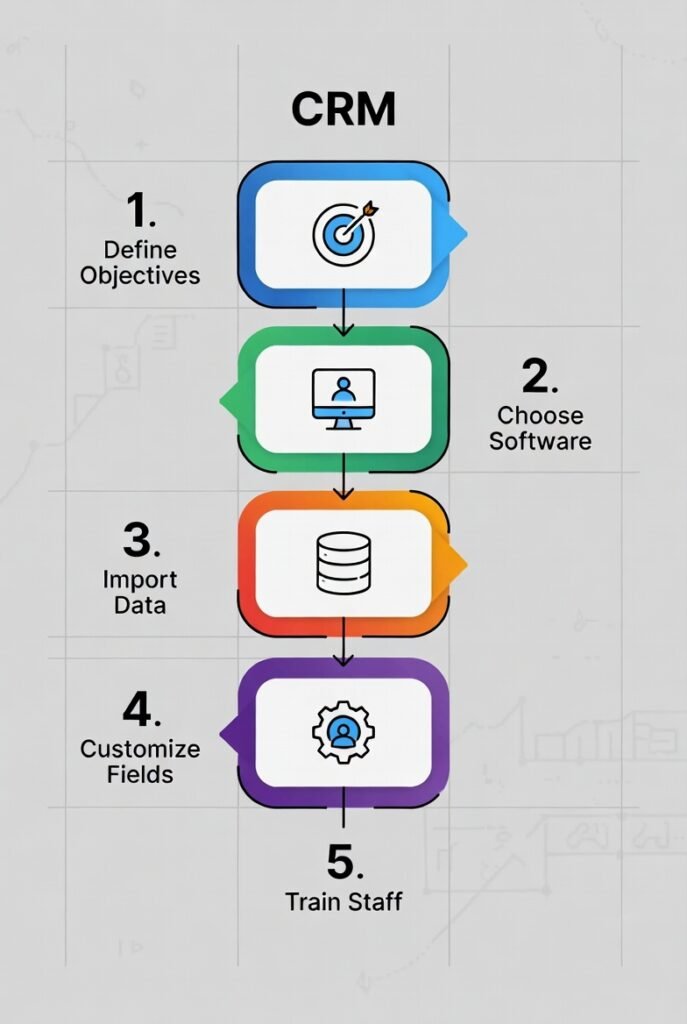CRM setup step-by-step implementation plan for SMBs and service teams